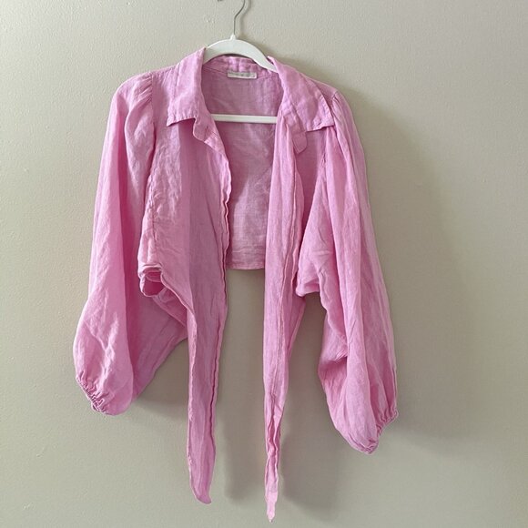 100% Linen Wrap Top Coverup Pink Puff Sleeve Balloon Blouse Collared Crop Italy - Picture 2 of 6